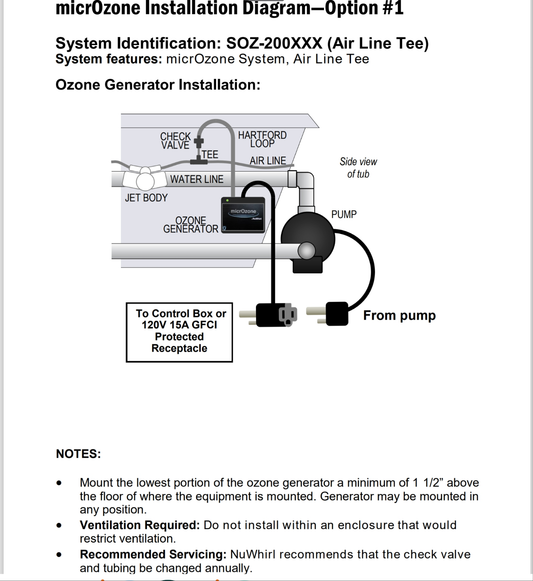 Whirlpool Bath Ozonator Kit micrOzone System SOZ-200XXX