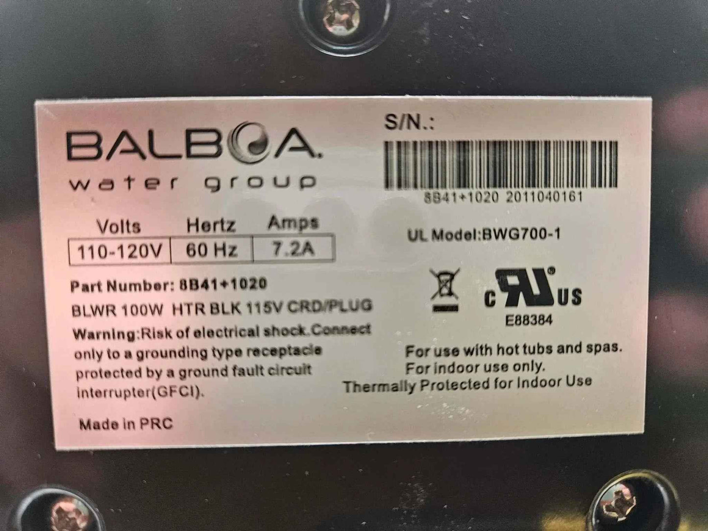 8B41+1020 Balboa Air Blower BWG700-1 7.2 amps