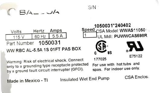 Balboa Water Group Whirlpool Water Pump 1050031 PUWWSCAS598R, 5.5 Amp, with motor and pump housing, designed for spa and hot tub circulation