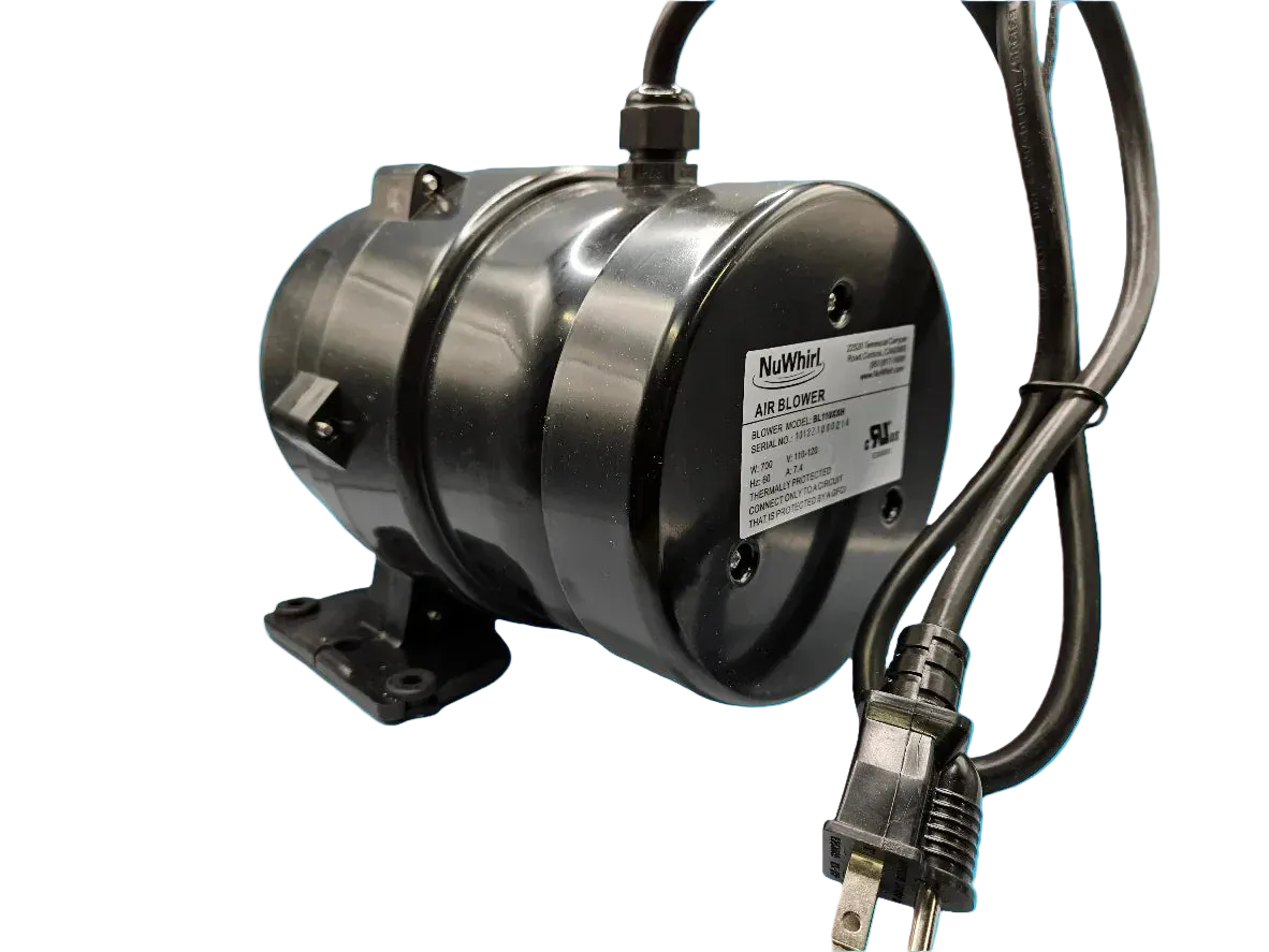 NUWHIRL SYSTEMS Air Blower BL110XXH with Heater for air massage, featuring a compact design and built-in heating element.