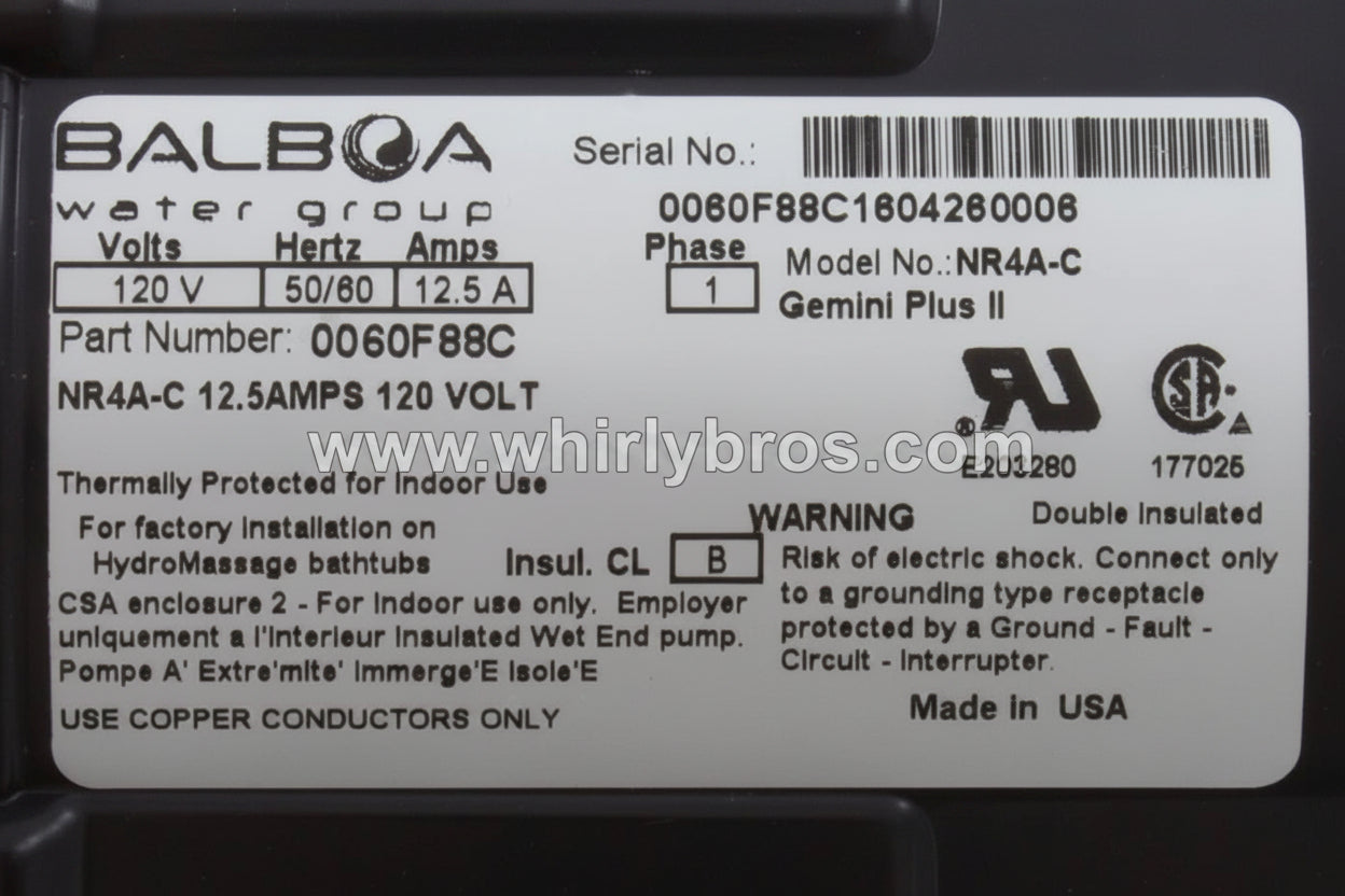Balboa NR4A-C 0060F88C 12.5 Amp Whirlpool Pump