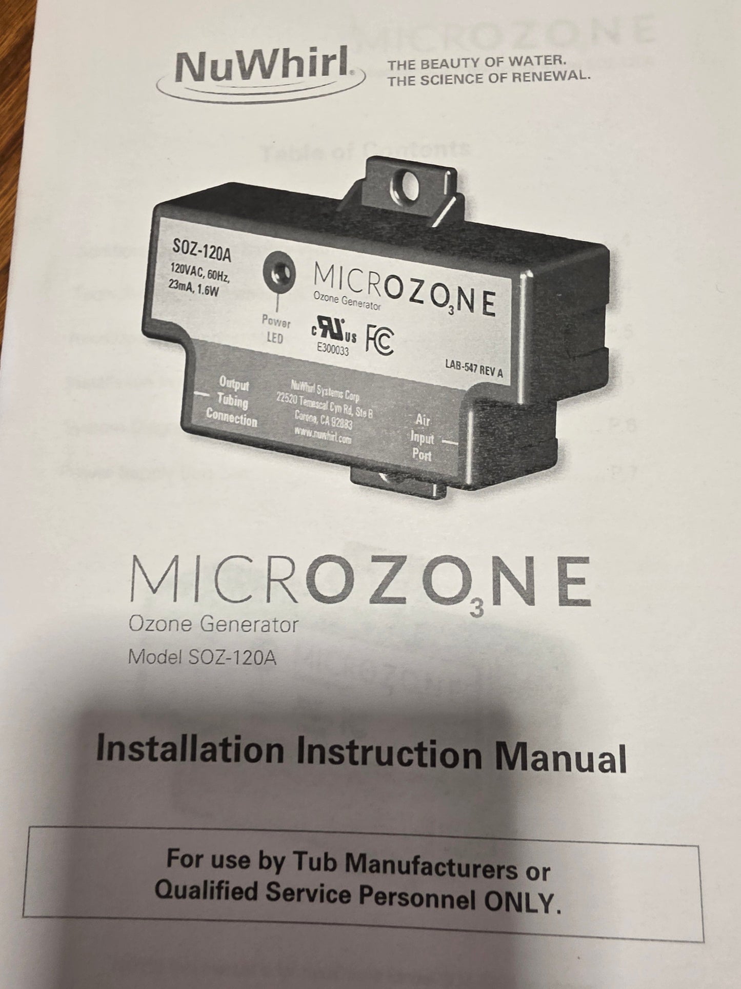 micrOzone System SOZ-200XXX Aqua Sun Ozone NUWHIRL SYSTEMS