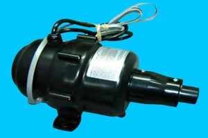 Black air massage blower replacement part for Whirlpool jetted tub, isolated on blue background.