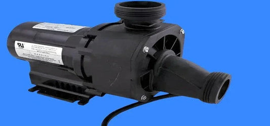 Black whirlpool tub pump replacement part with labeled motor on blue background