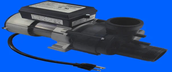 Hot tub replacement pump with power cord for Whirlpool jetted tub repair on blue background