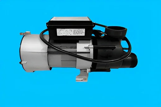 Gecko jetted tub replacement pump with black and gray housing on blue background