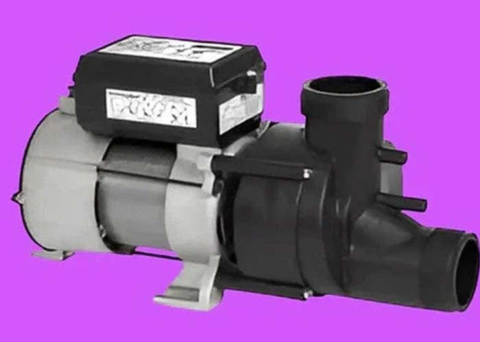 Whirlpool jetted tub pump replacement part with black housing on a purple background