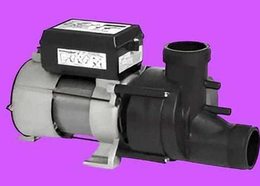 Whirlpool jetted tub pump replacement part with black housing on a purple background