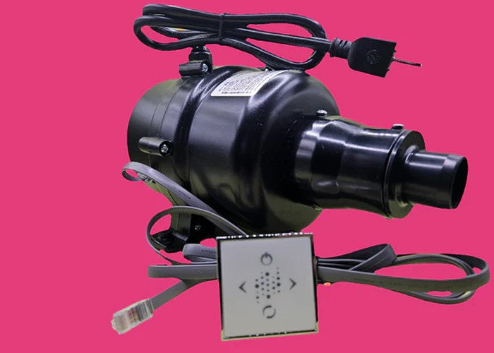 Black whirlpool tub pump replacement part with attached control panel and power cord on pink background