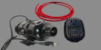 Black whirlpool tub pump with power cord, red tubing, and intake cover on grey background