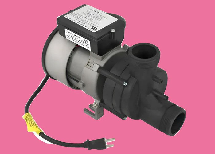 Whirlpool tub replacement pump with power cord on pink background