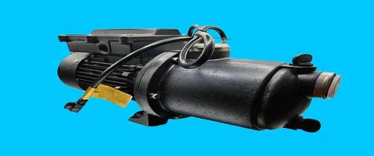 Whirlpool tub pump replacement part with wiring on blue background