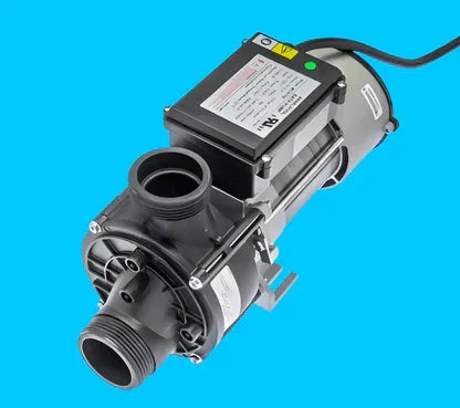 Whirlpool replacement pump for jetted tub, black motor housing, blue background