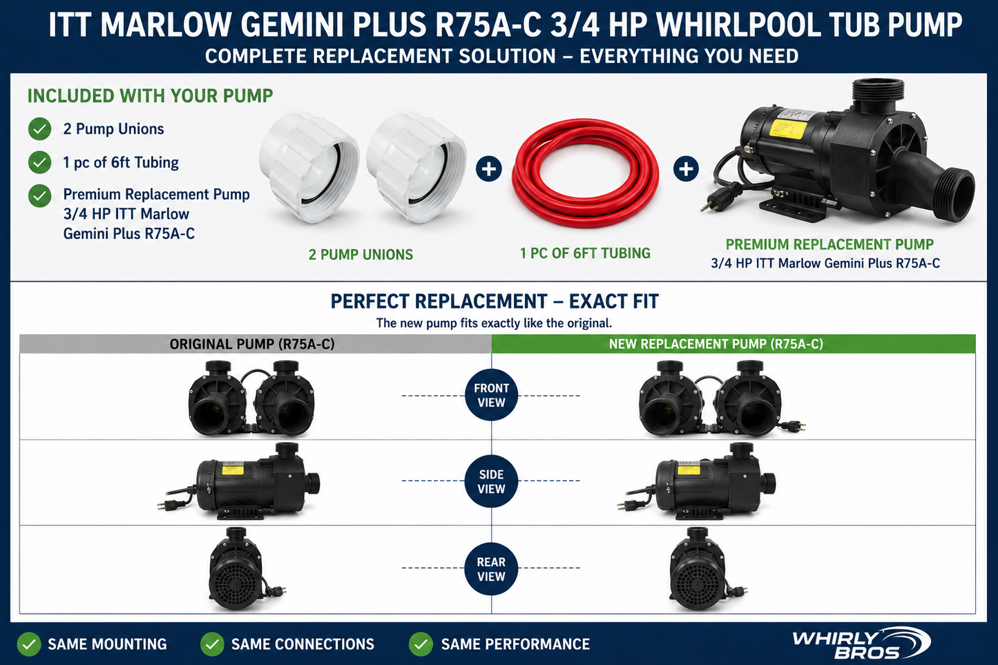Aquatic 8078 MOTOR ITT Marlow Gemini Plus R75A-C 3/4 HP Whirlpool Tub Pump Replacement