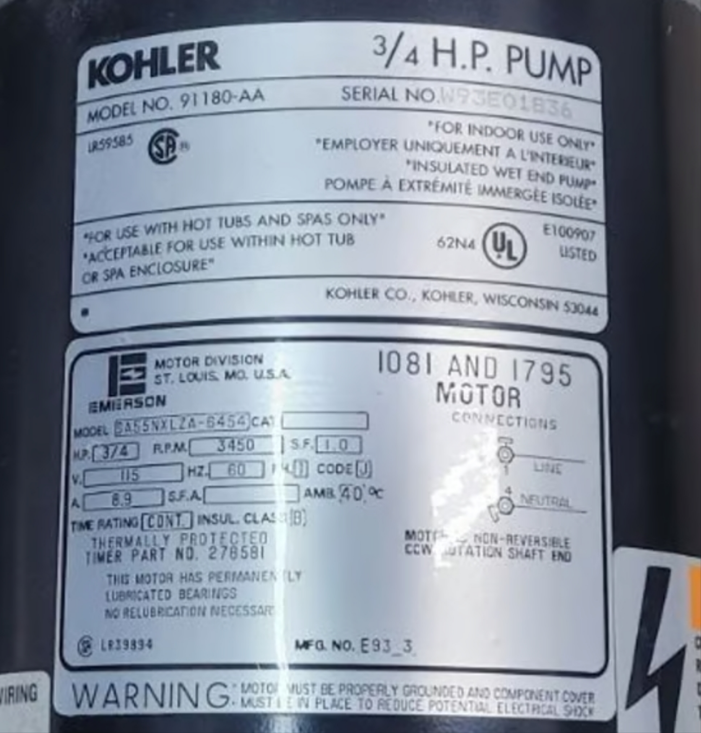 91180-AA Kohler Whirlpool Pump label with technical specifications and safety warnings.