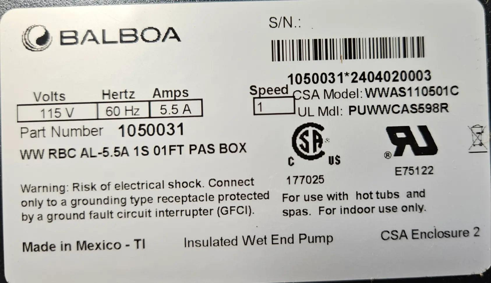 Whirlpool Pump 1050031 PUWWSCAS798R Balboa WOW 5.5Amp
1050031 PUWWSCAS598R Balboa WOW Pump