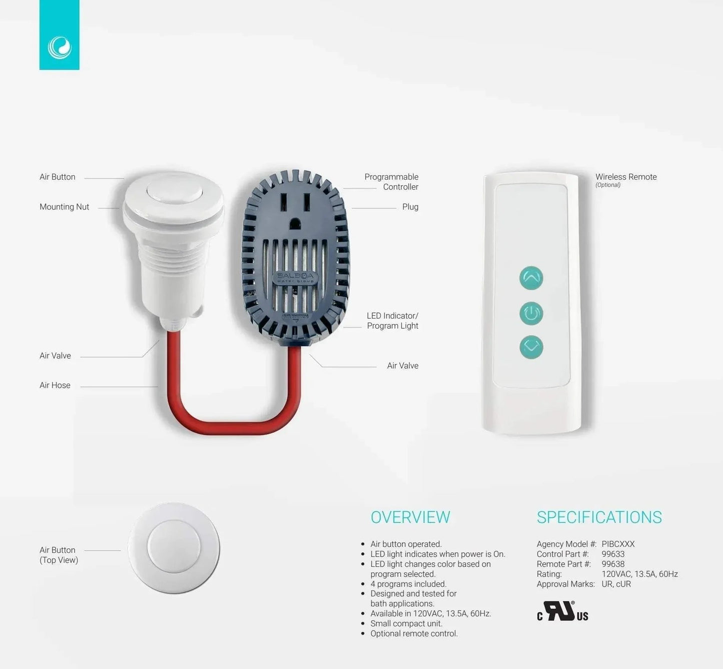 Plug-in air switch pump timer for air blower control, manufactured by BALBOA WATER GROUP, with digital interface and power cord.