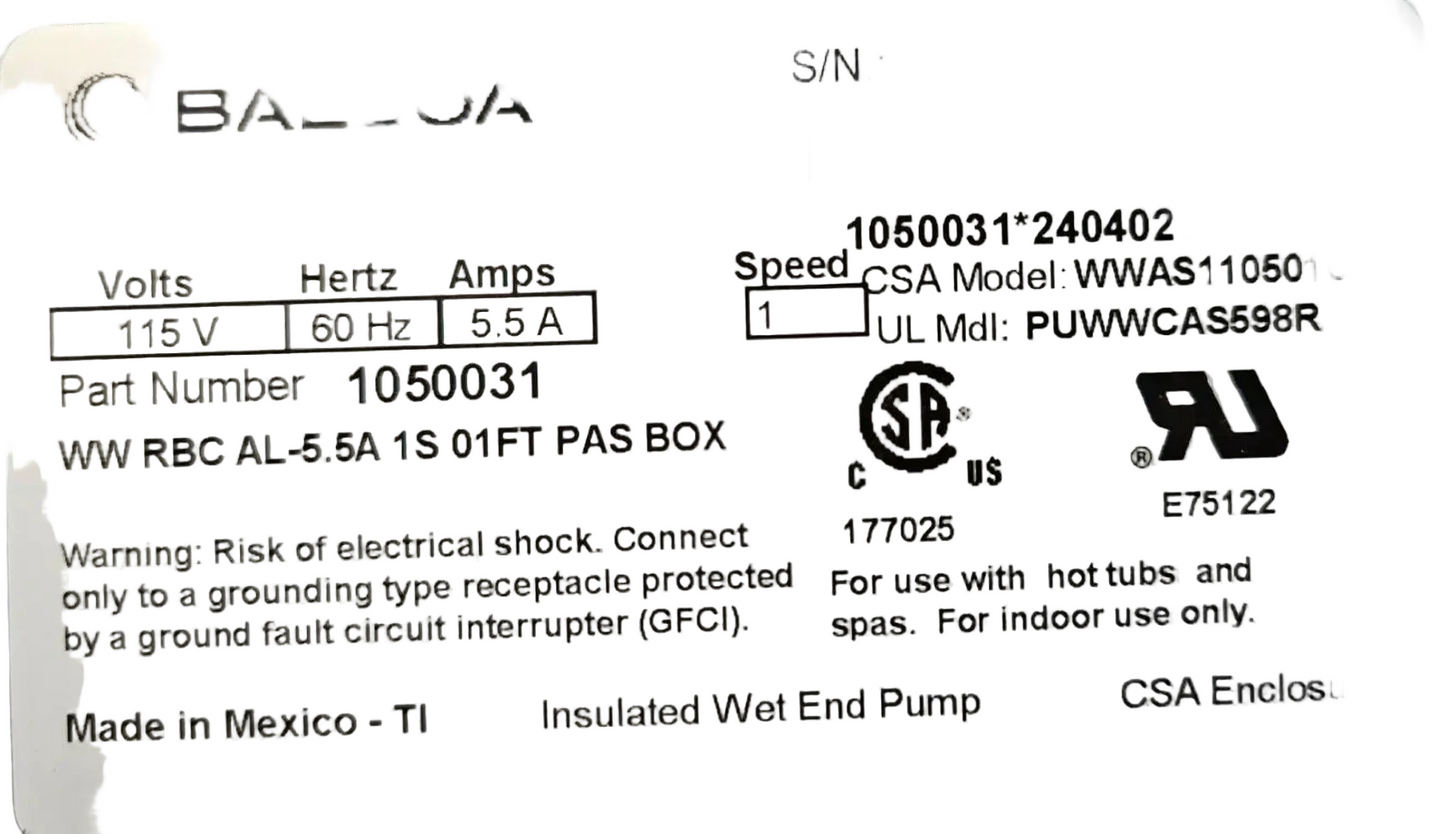 Balboa Water Group Whirlpool Water Pump 1050031 PUWWSCAS598R, 5.5 Amp, with motor and pump housing, designed for spa and hot tub circulation