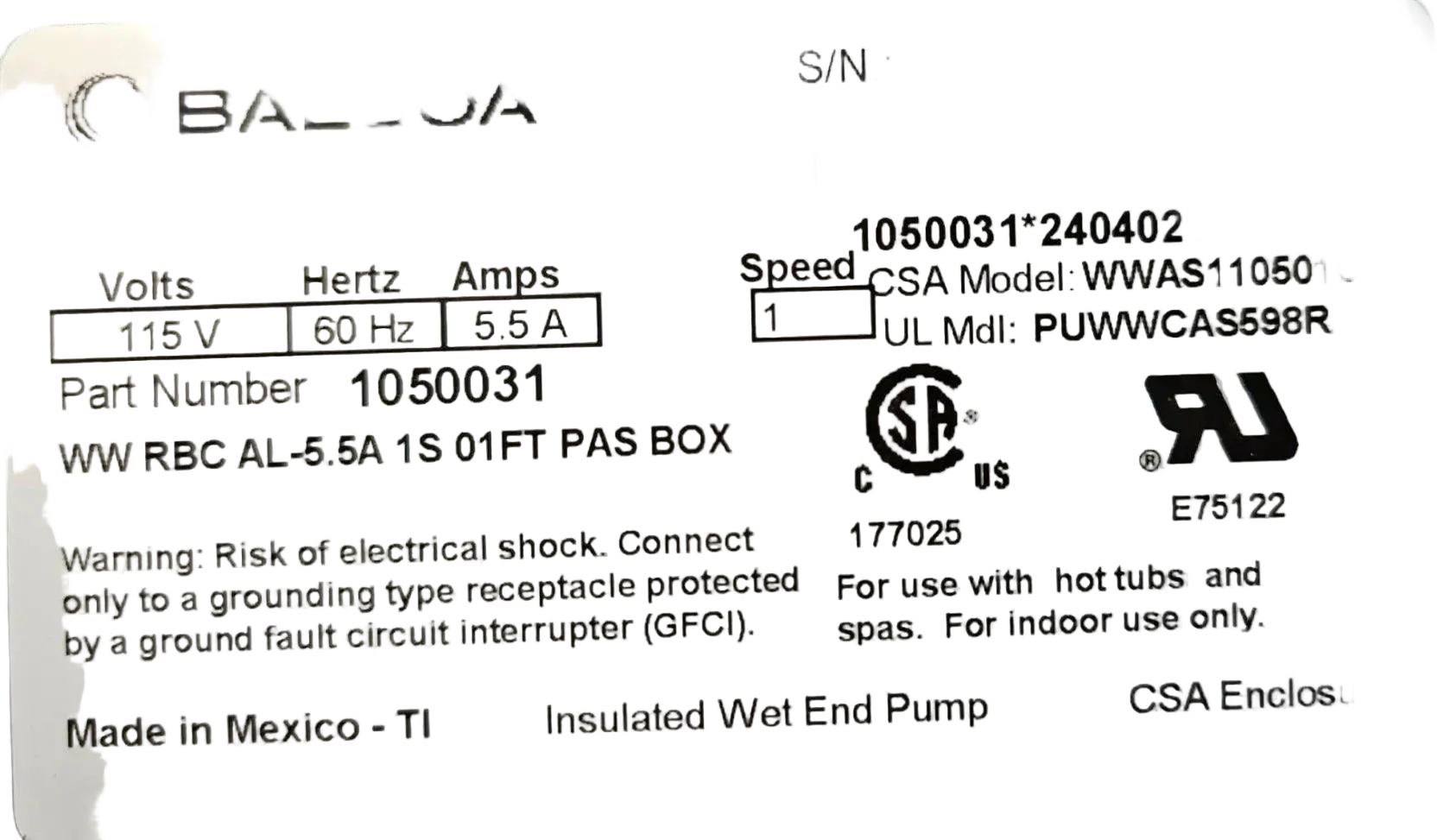 Balboa Water Group Whirlpool Water Pump 1050031 PUWWSCAS598R, 5.5 Amp, with motor and pump housing, designed for spa and hot tub circulation