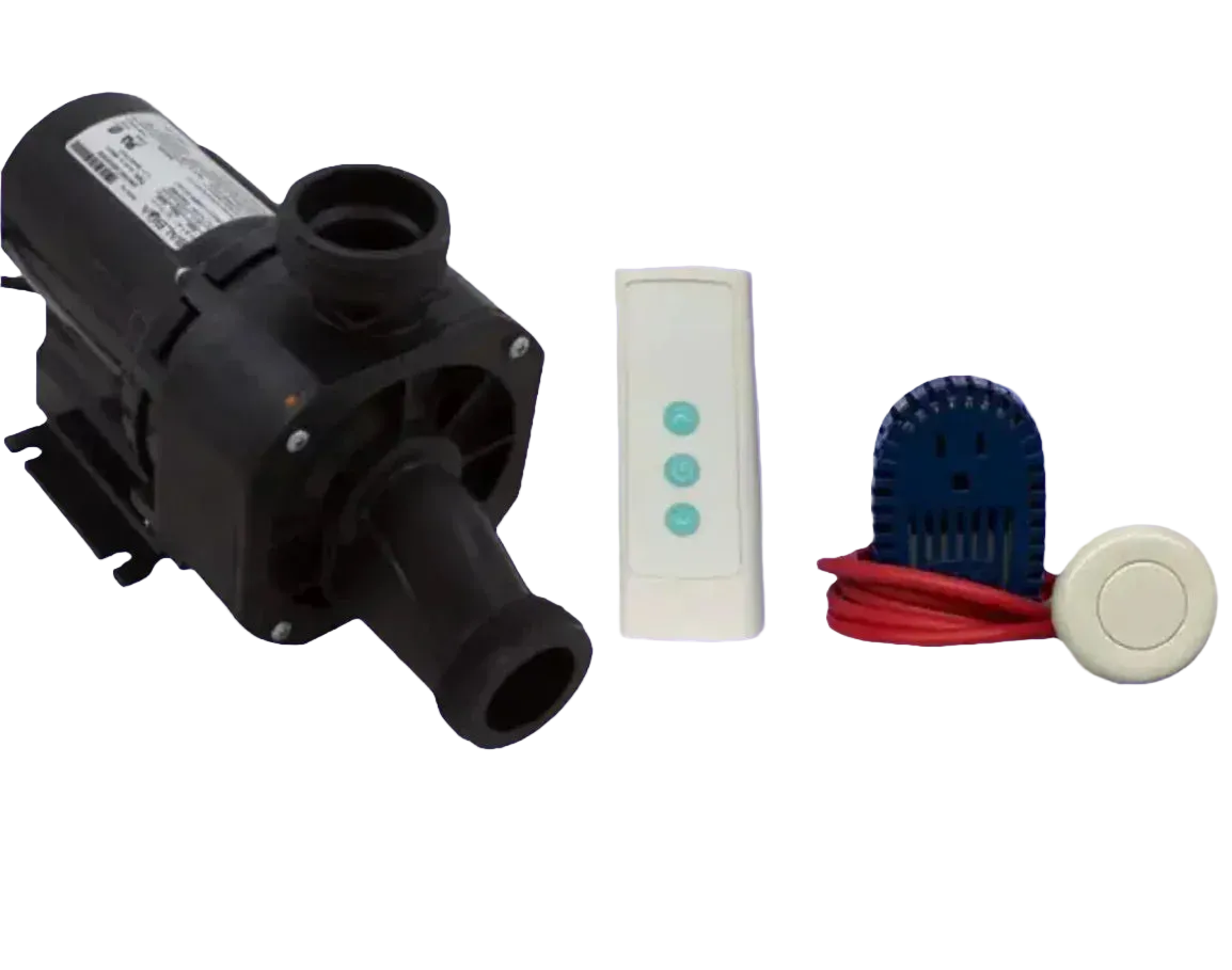 Kohler whirlpool water pump by Balboa Water Group, shown in a technical image with pump components and background setup.