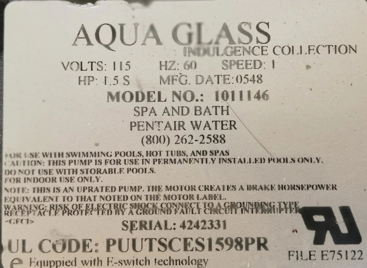 Aqua Glass PUUTSCES1598PR 9 amp Jetta Whirlpool Pump by Balboa Water Group, showing the pump with its components and branding.