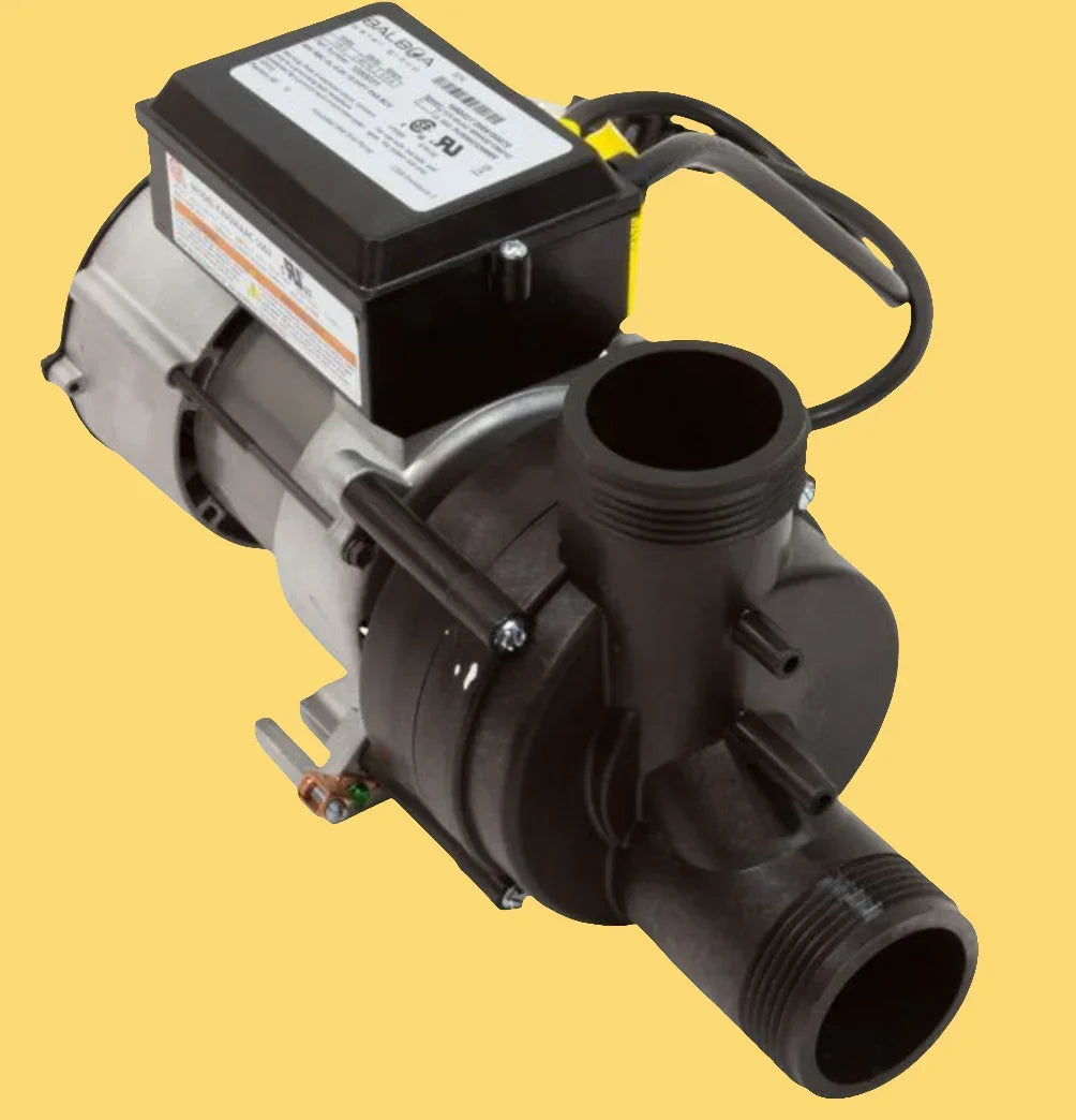 AquaGlass Whirlpool Pump by Balboa Water Group, model 1034023, installed in a hot tub with visible plumbing and control panel.