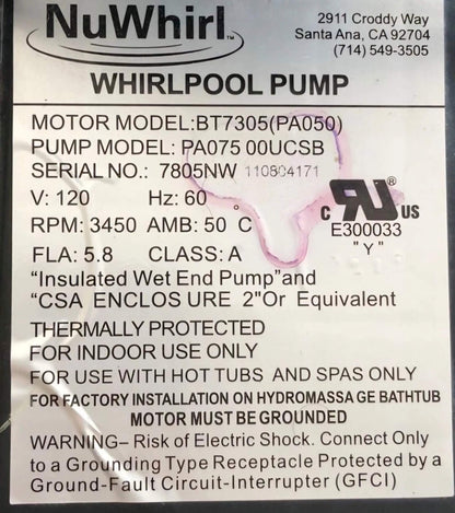 NuWhirl Whirlpool Pump Model PA07500UCSB by Balboa Water Group, 5.8 amps, used for whirlpool spas and hot tubs.