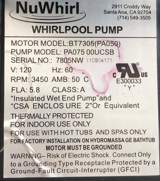 NuWhirl Whirlpool Pump Model PA07500UCSB by Balboa Water Group, 5.8 amps, used for whirlpool spas and hot tubs.