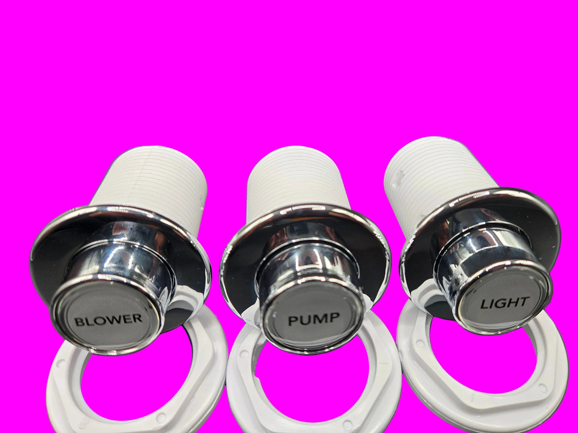 Chrome printed air button for walk-in tub by Balboa Water Group, tall design with white finish and easy-to-press features.