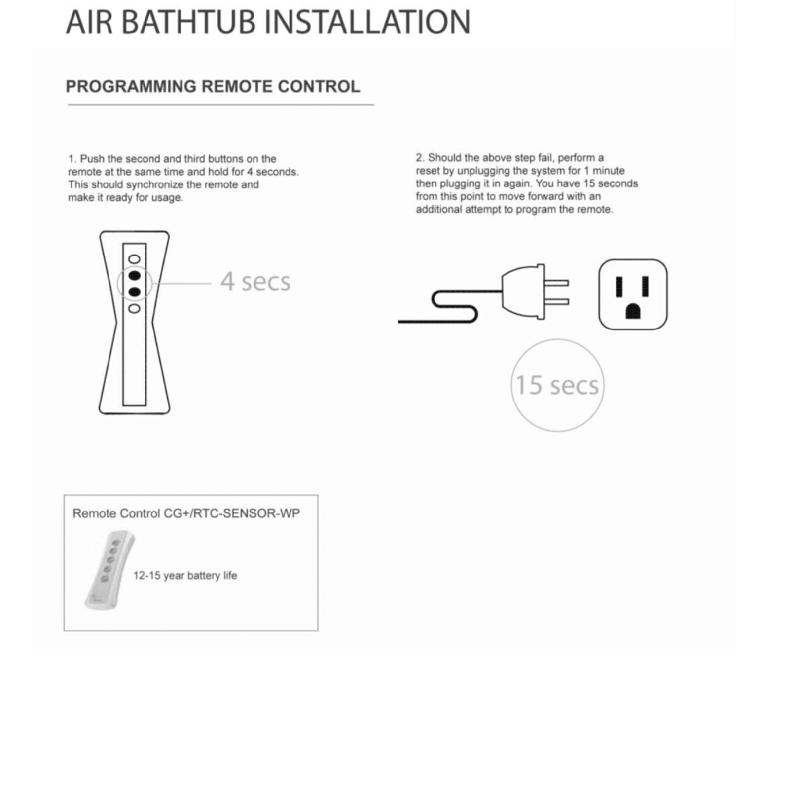CG AIR SYSTEMS Barclay Air Massage Tub 4-button remote control for electronic controls, shown with buttons for easy operation.