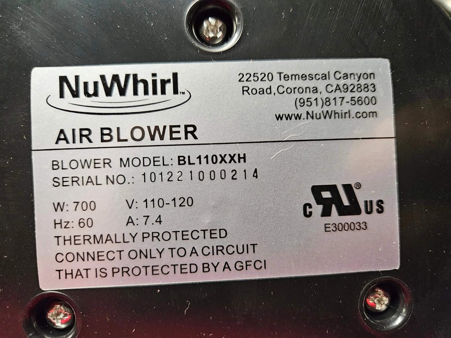 NUWHIRL SYSTEMS Air Massage Blower BL110XXH with heater, compact air blower device for massage and relaxation.