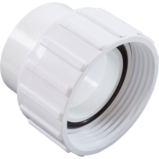 White NuWhirl 1.5-inch pump union for Whirlpool pumps, featuring durable plastic construction with brand markings.