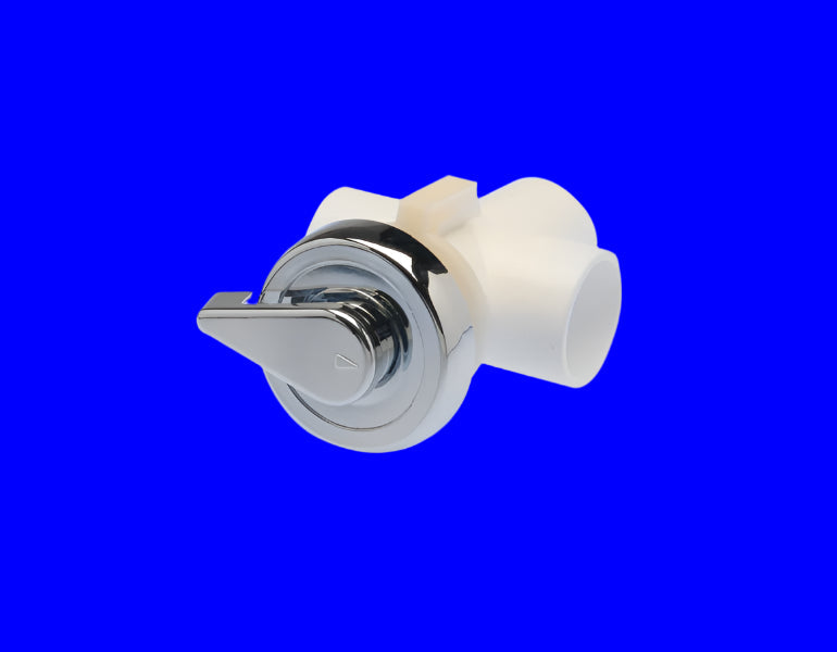 NuWhirl Systems 1" 3-port diverter valve for white goods, top mount design with notched features, in white.