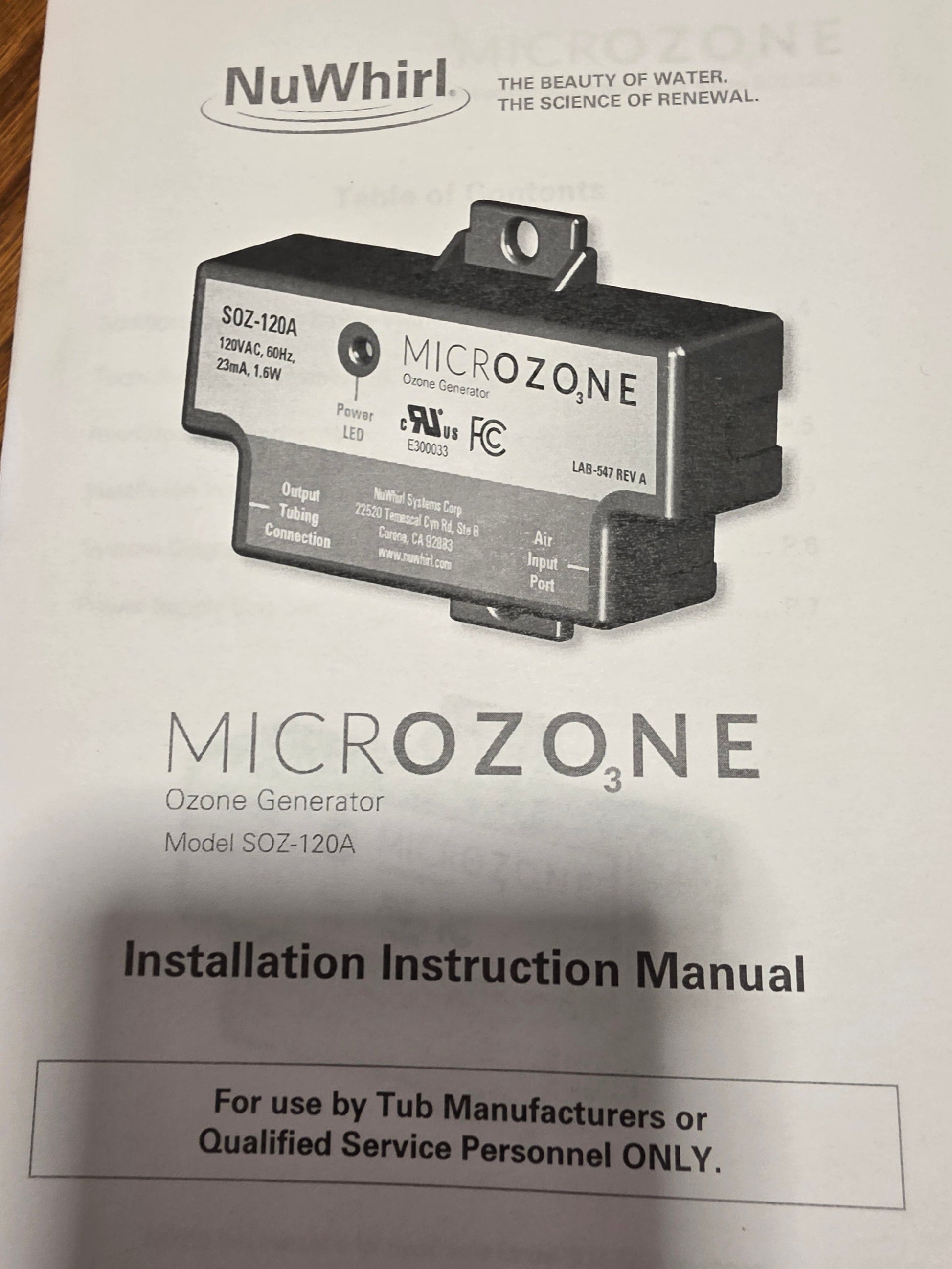 micrOzone System SOZ-200XXX Aqua Sun Ozone NUWHIRL SYSTEMS
