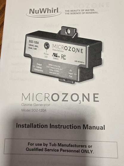 micrOzone System SOZ-200XXX Aqua Sun Ozone NUWHIRL SYSTEMS