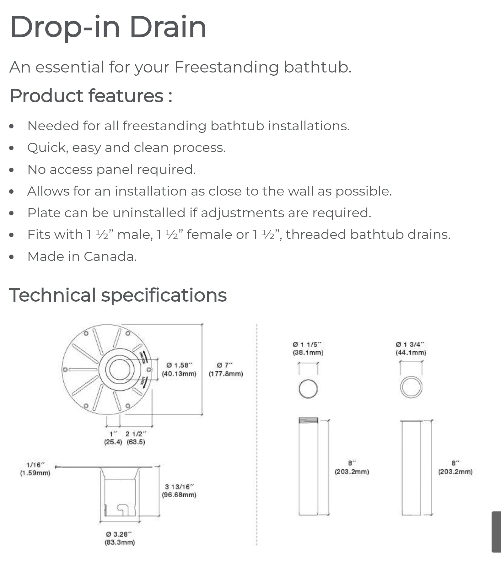 Drop-In Drain for Freestanding Tub | PVC Rough-In Kit