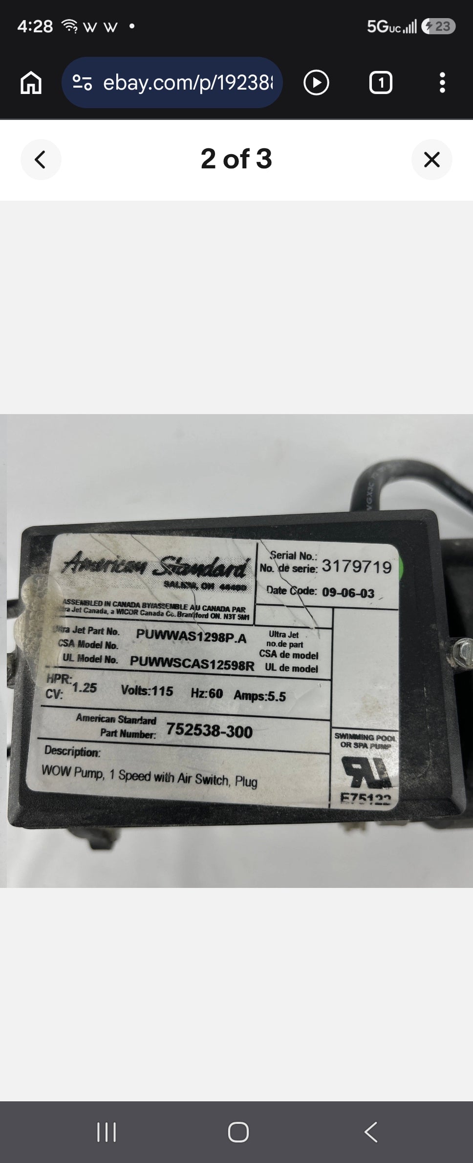 752538-300 American Standard Whirlpool Pump 5.5A