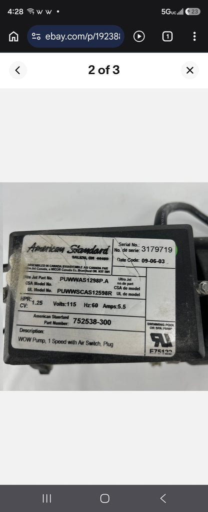 752538-300 American Standard Whirlpool Pump 5.5A