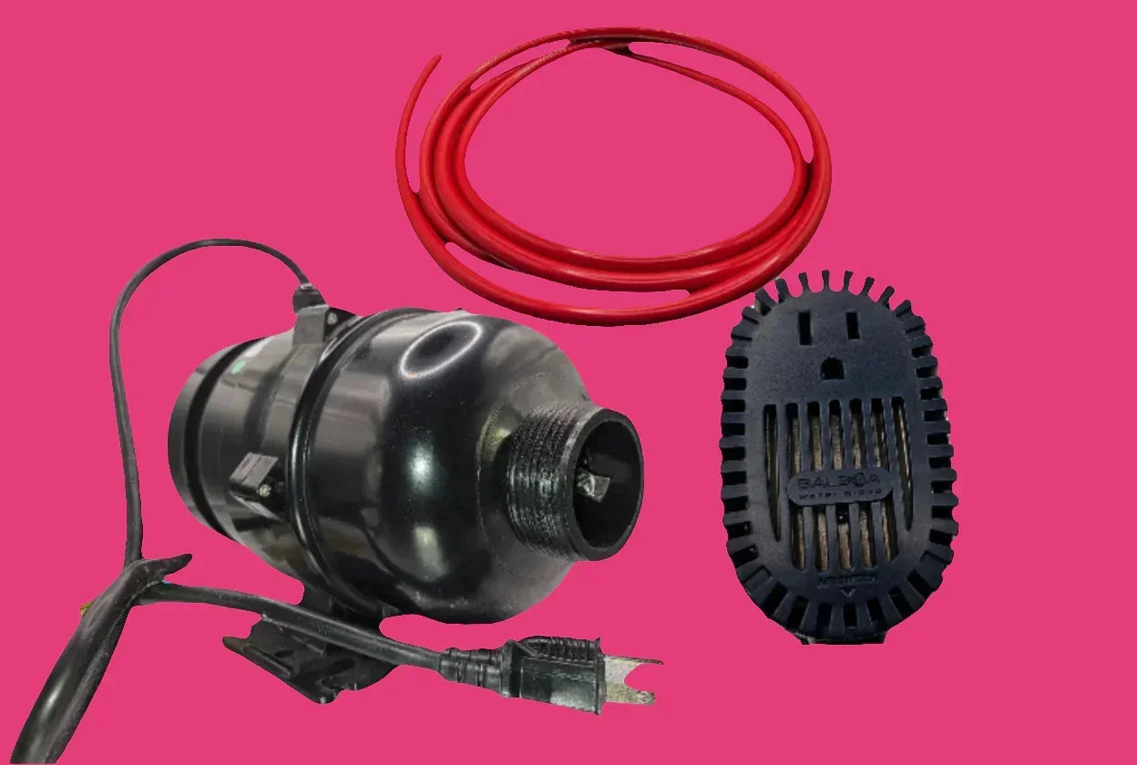 Whirly Bros 8001BLW Aquatic Bath Air Blower replacement for air massage systems, showing a compact black air blower unit.