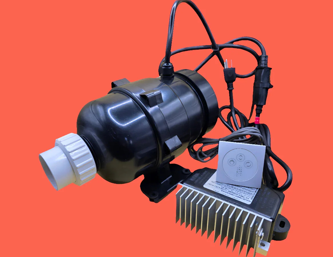 Whirly Bros KOHLER Air Blower Replacement System for air massage blowers, showing a compact, cylindrical air blower unit.