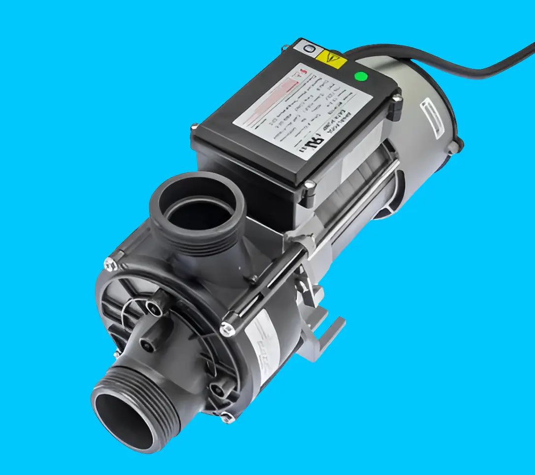 Whirly Bros NuWhirl PX07500SCS 3/4HP whirlpool water pump with 5 AMP motor, shown in a technical background image.